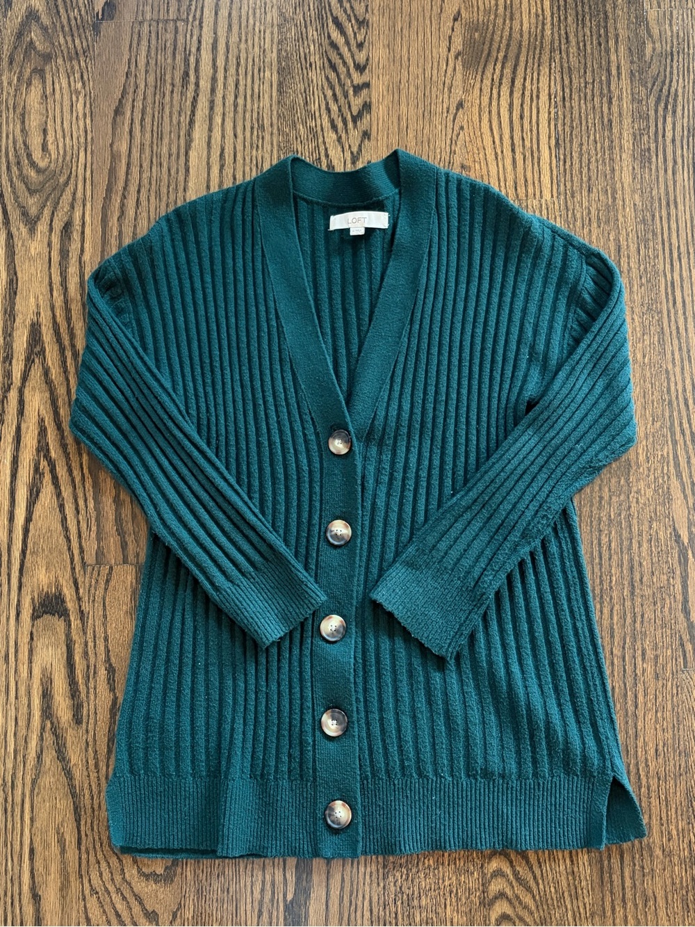 LOFT Teal Ribbed Button-Front Cardigan
